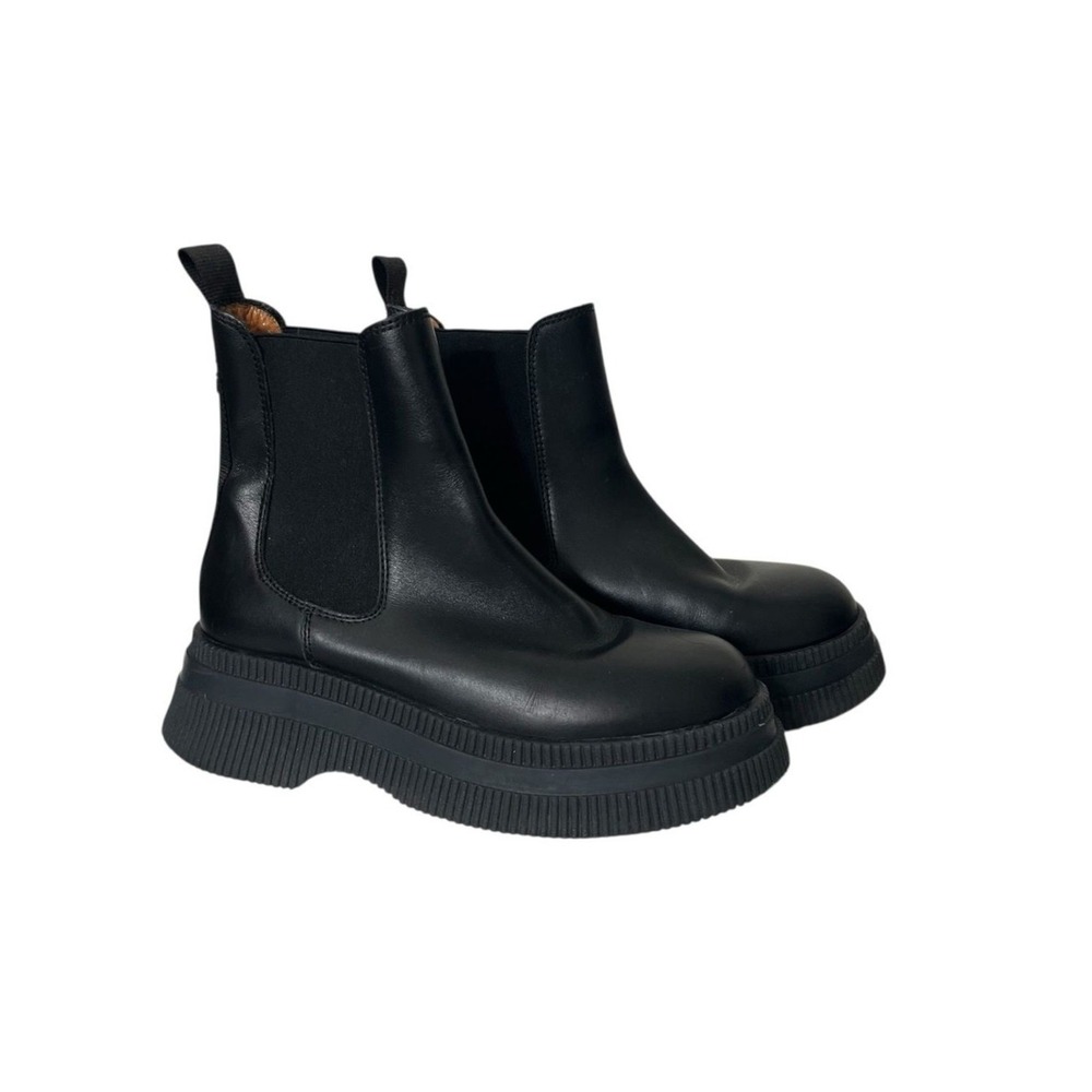 Ganni Chelsea Boots US 8 Black Leather Chunky Platform Elastic Gore Lug Sole
